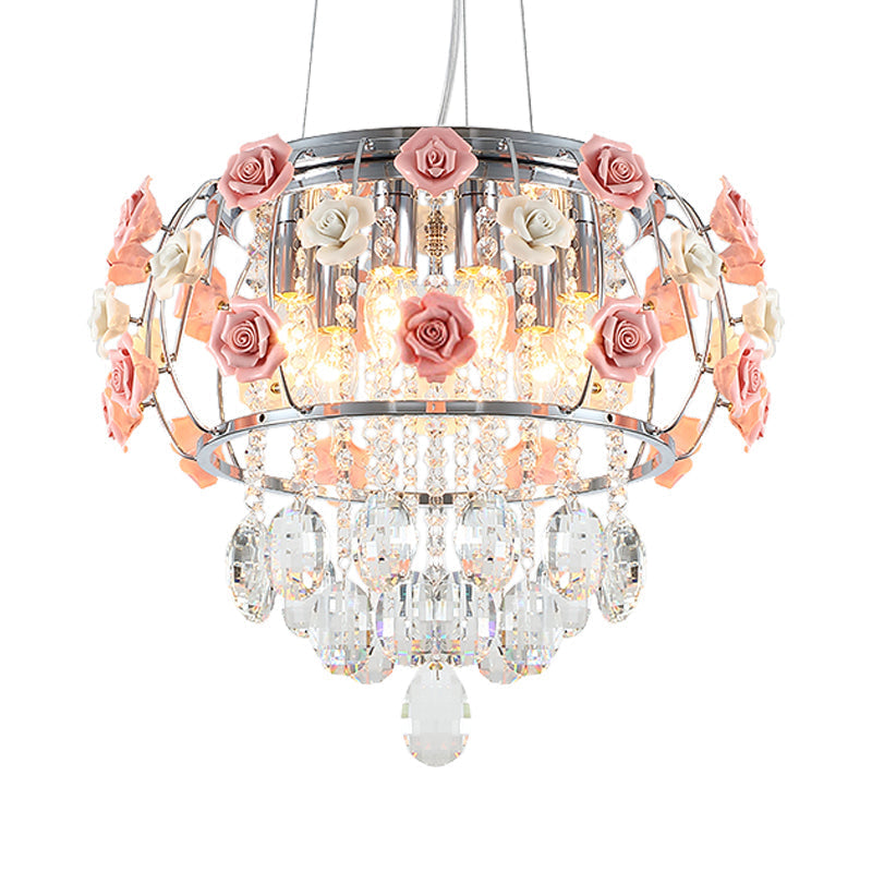 Modern Chrome Drum Cage Pendant Chandelier with 6 Bulbs and Pink Rose Crystal Drape – Dining Table Suspension Lamp