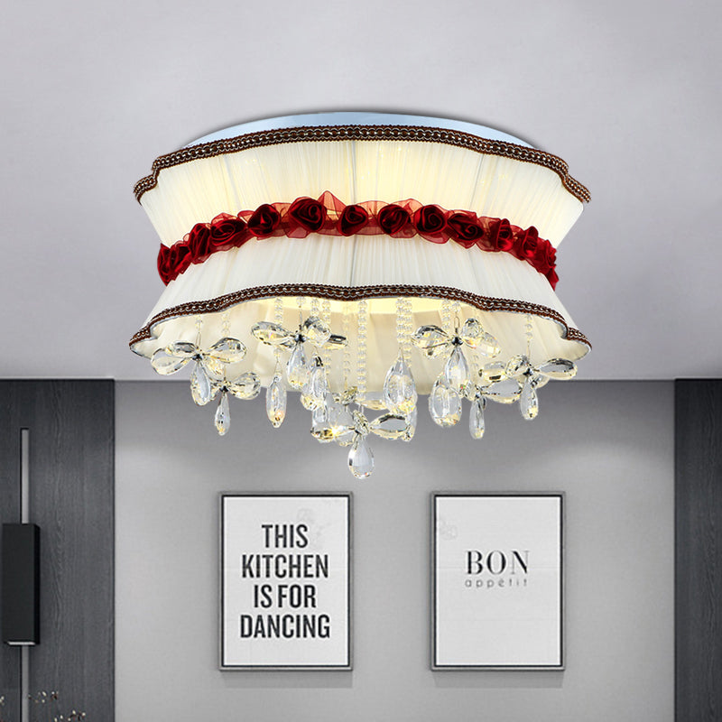 Modern Pleated Fabric Bouquet Flush Mount LED Ceiling Light in Beige with Red Rose Accent and Crystal Drops for Bedroom