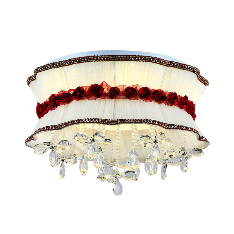 Modern Pleated Fabric Bouquet Flush Mount LED Ceiling Light in Beige with Red Rose Accent and Crystal Drops for Bedroom