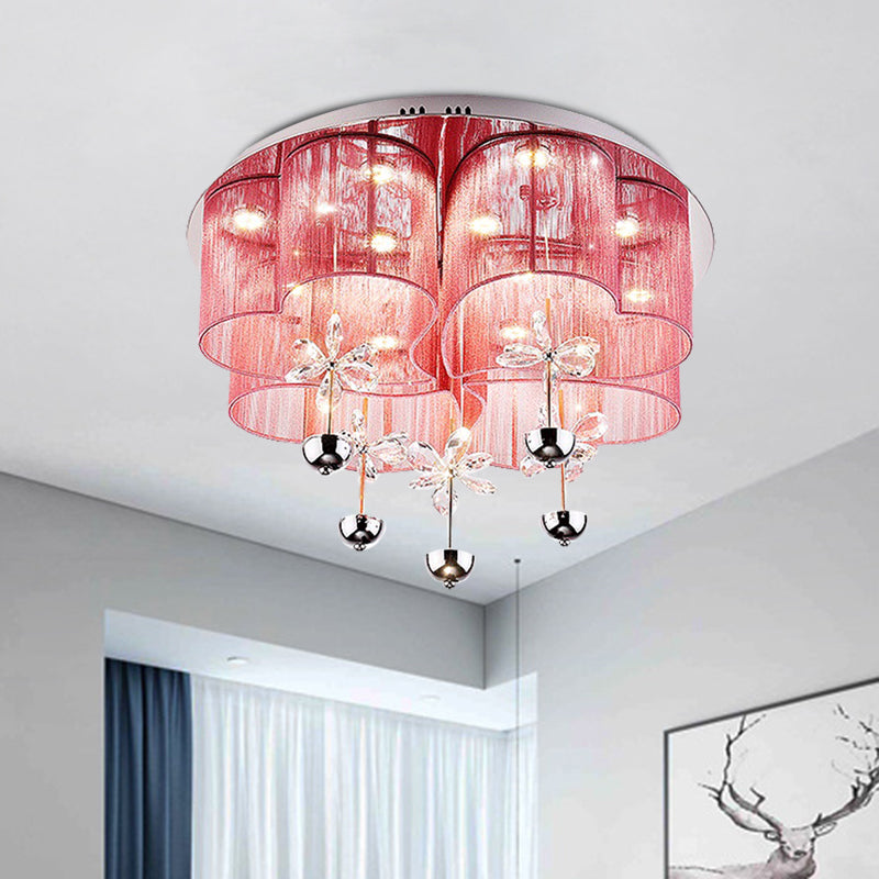 Modern Pink/Gold Clover Flush Ceiling Light with Crystal Flowers - Romantic Fabric Parlor LED Fixture