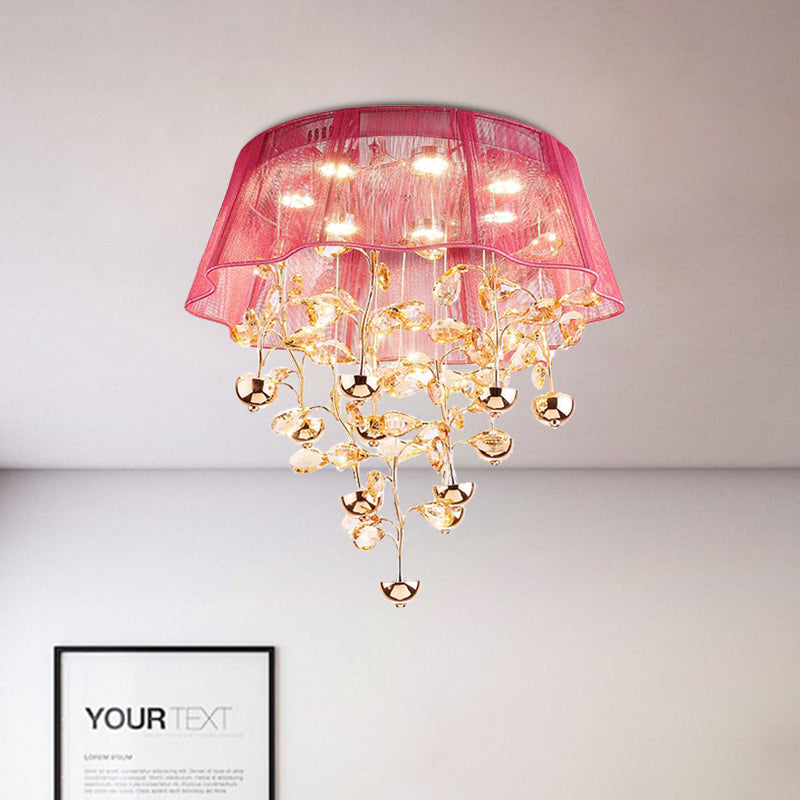 Scalloped Silver/Pink Ceiling Flush Modernist Bedroom LED Lamp with Crystal Tree Design