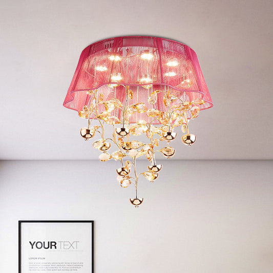 Scalloped Silver/Pink Ceiling Flush Modernist Bedroom LED Lamp with Crystal Tree Design