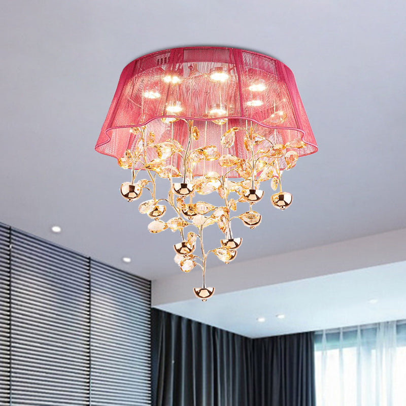 Scalloped Silver/Pink Ceiling Flush Modernist Bedroom LED Lamp with Crystal Tree Design