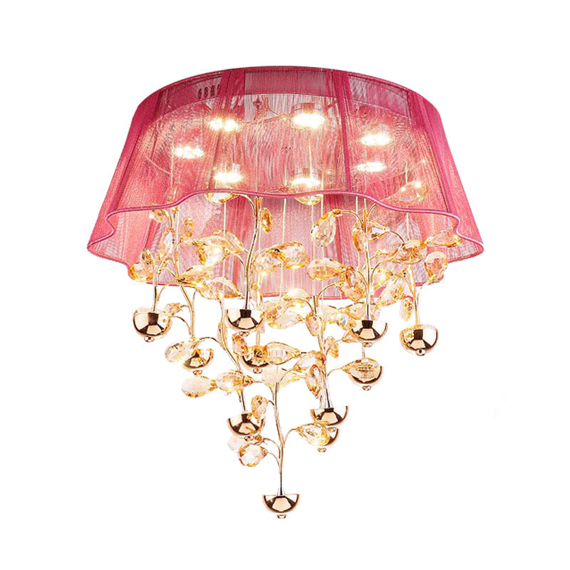 Scalloped Silver/Pink Ceiling Flush Modernist Bedroom LED Lamp with Crystal Tree Design