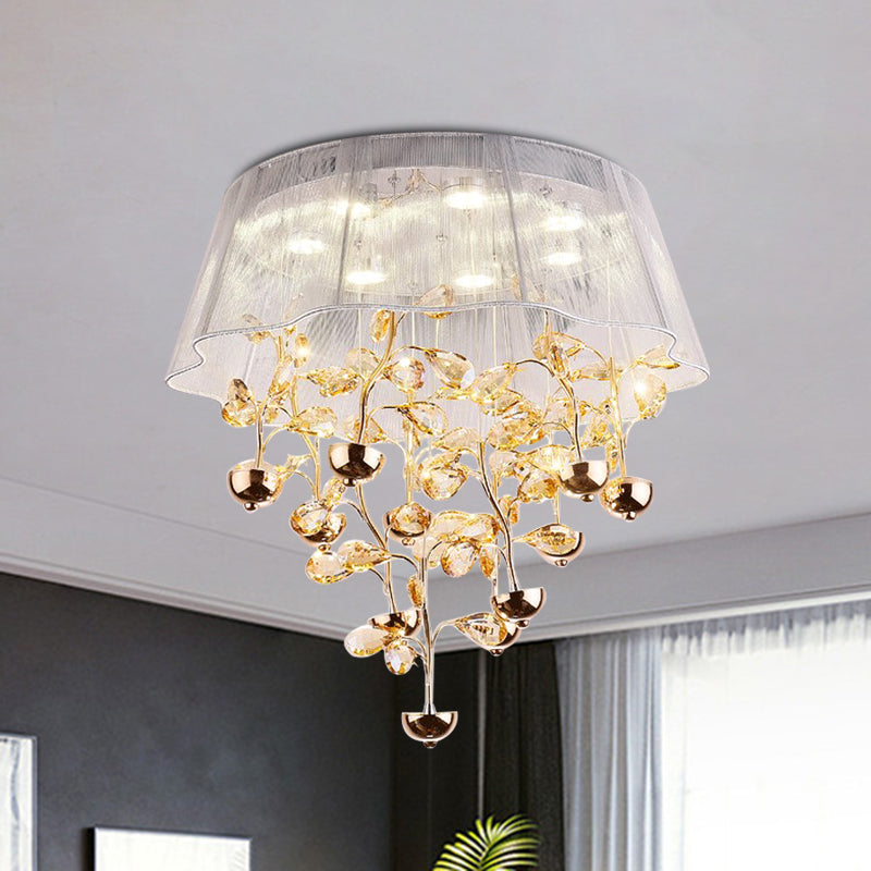 Scalloped Silver/Pink Ceiling Flush Modernist Bedroom LED Lamp with Crystal Tree Design