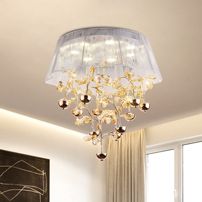 Scalloped Silver/Pink Ceiling Flush Modernist Bedroom LED Lamp with Crystal Tree Design