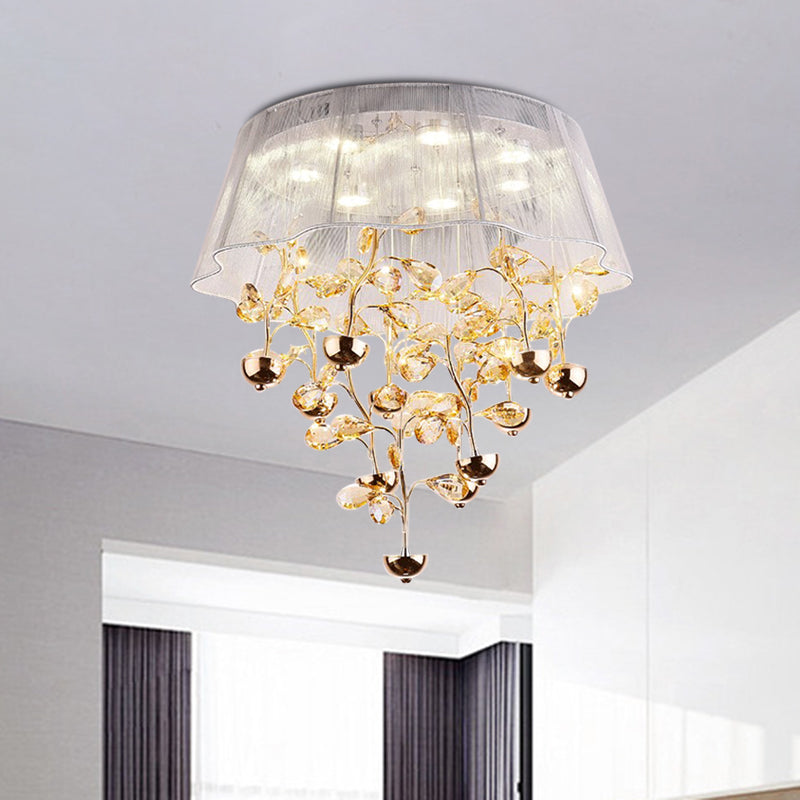 Scalloped Silver/Pink Ceiling Flush Modernist Bedroom LED Lamp with Crystal Tree Design