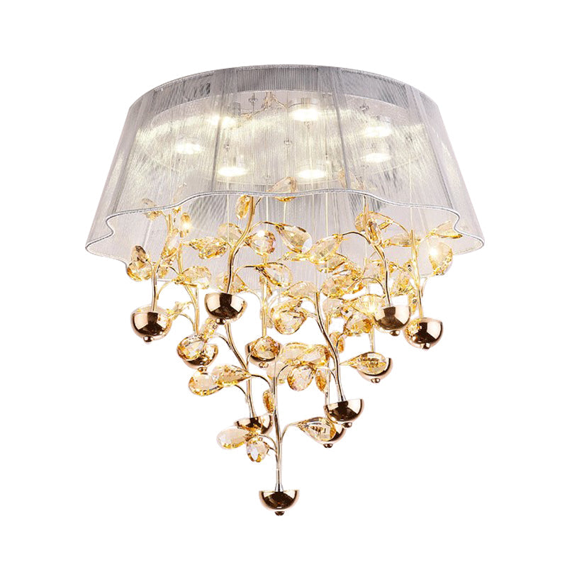 Scalloped Silver/Pink Ceiling Flush Modernist Bedroom LED Lamp with Crystal Tree Design