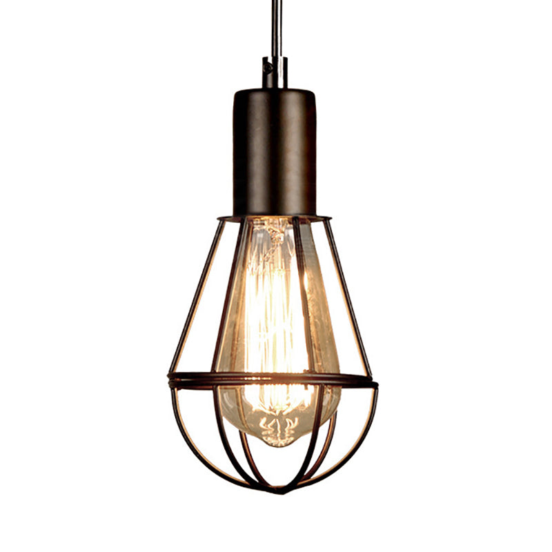 Vintage Industrial Black Metal Cage Pendant Light - 1 Head Living Room Lamp
