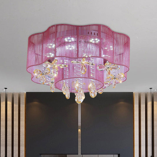 LED Flower Ceiling Light with Crystal Drops - Gold/Pink Modern 2-Layer Fabric Mount