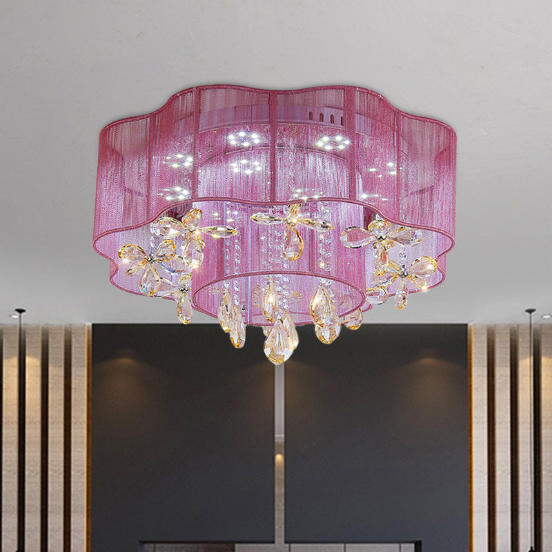 Led Flower Ceiling Light With Crystal Drops - Gold/Pink Modern 2-Layer Fabric Mount Pink
