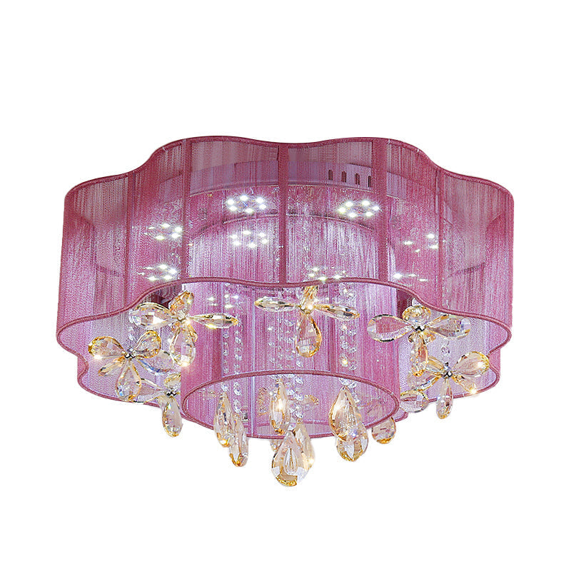 LED Flower Ceiling Light with Crystal Drops - Gold/Pink Modern 2-Layer Fabric Mount