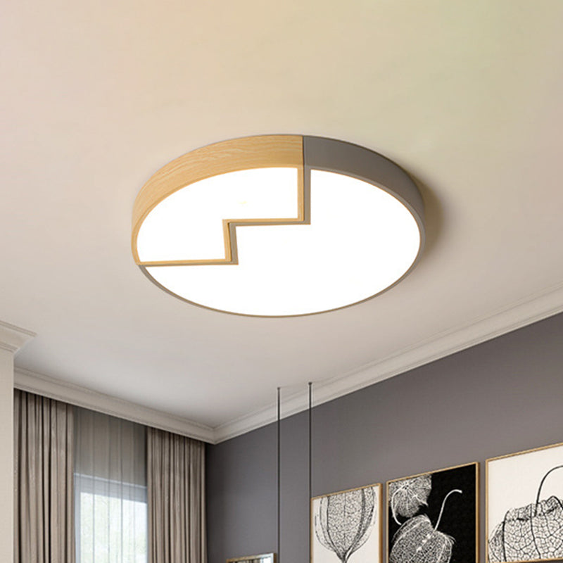 Stylish Round Macaron Flush Mounted Lamp in Grey/Green and Wood - LED Splicing Bedroom Lighting