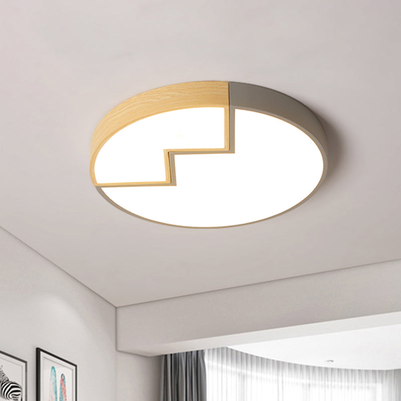 Stylish Round Macaron Flush Mounted Lamp in Grey/Green and Wood - LED Splicing Bedroom Lighting