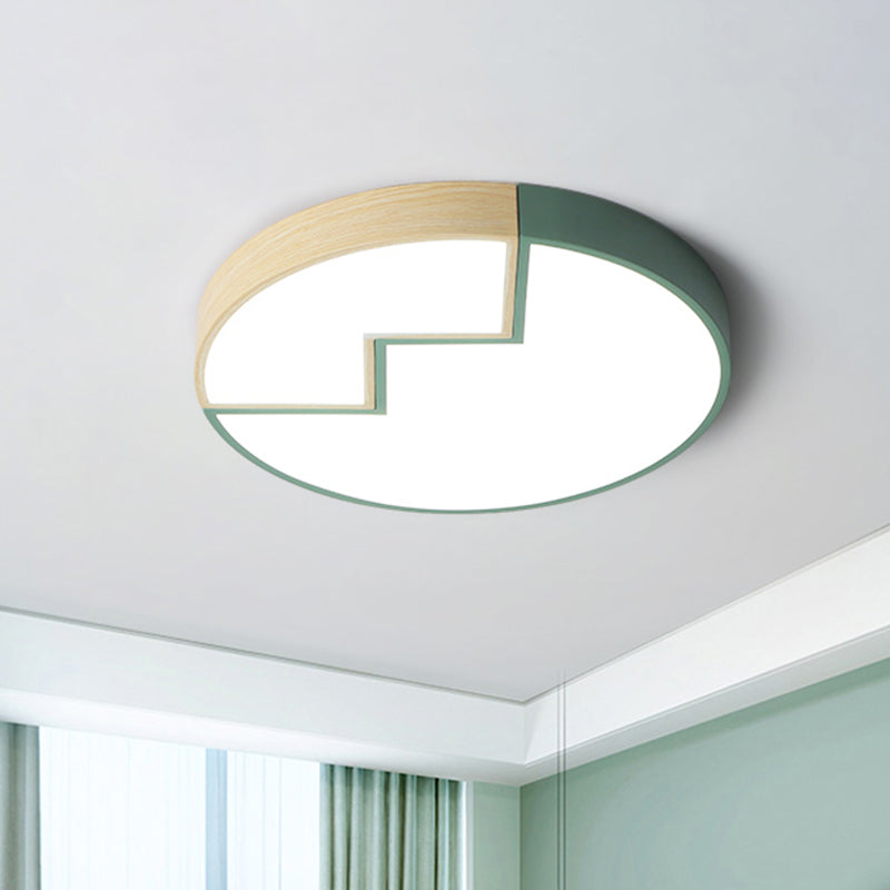 Stylish Round Macaron Flush Mounted Lamp in Grey/Green and Wood - LED Splicing Bedroom Lighting