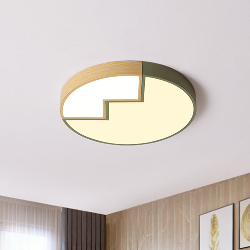 Stylish Round Macaron Flush Mounted Lamp in Grey/Green and Wood - LED Splicing Bedroom Lighting