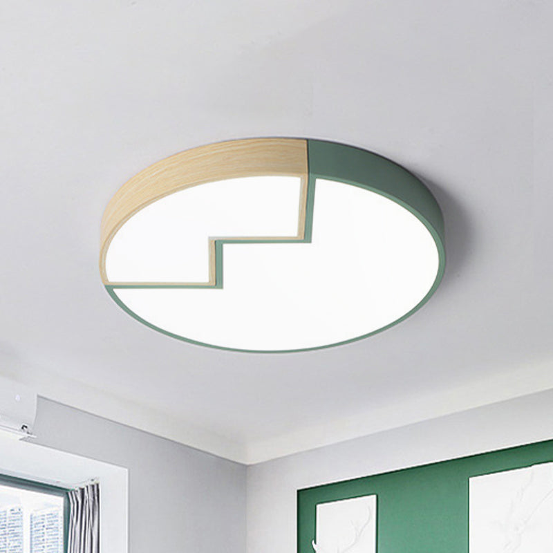 Stylish Round Macaron Flush Mounted Lamp in Grey/Green and Wood - LED Splicing Bedroom Lighting