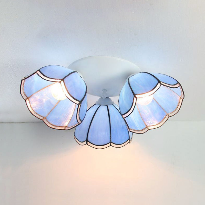 Vintage Stained Glass Ceiling Light Fixture - 3-Light Industrial Domed Design in Blue Tones - Indoor Use