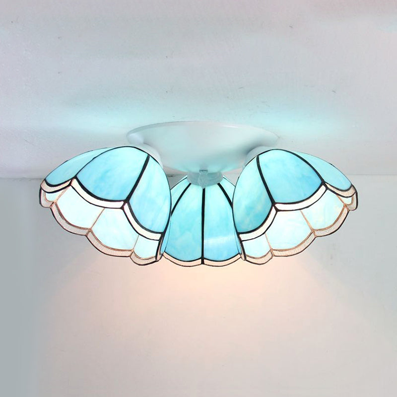 Vintage Stained Glass Ceiling Light Fixture - 3-Light Industrial Domed Design in Blue Tones - Indoor Use