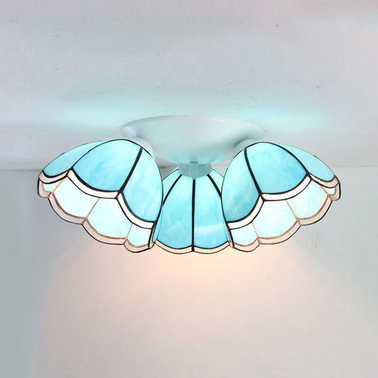 Vintage Stained Glass Ceiling Light Fixture - 3-Light Industrial Domed Design in Blue Tones - Indoor Use