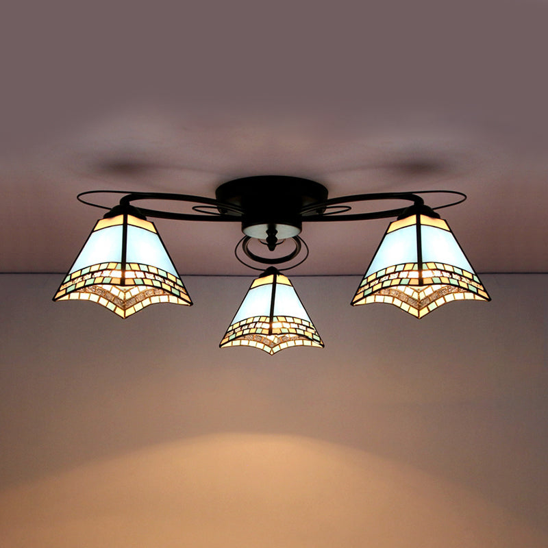 Plafonnier rétro géométrique avec vitrail - Blanc/bleu ciel/transparent/bleu foncé - Luminaire de chambre