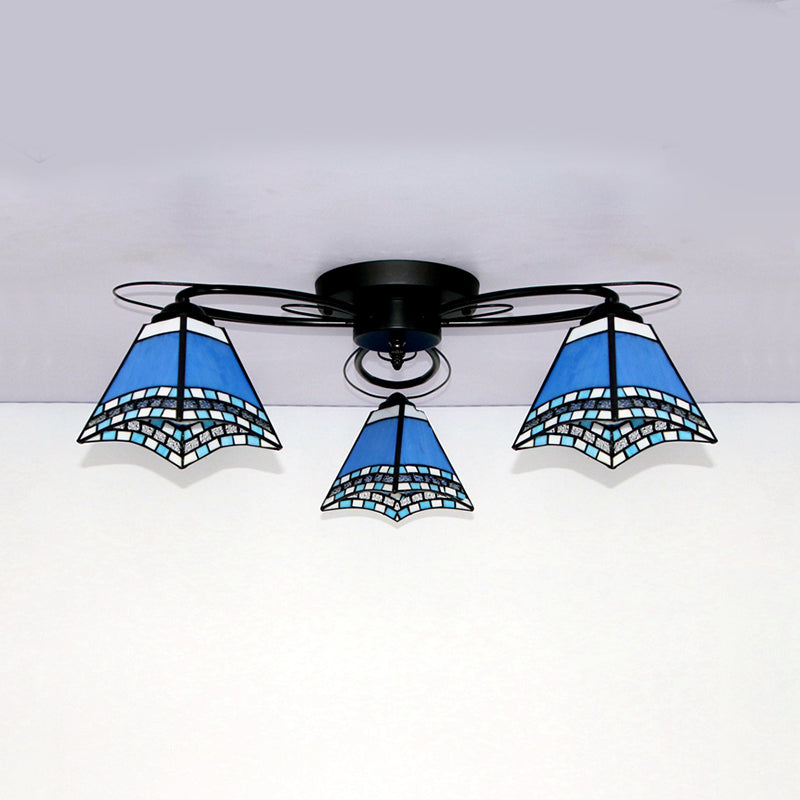 Plafonnier rétro géométrique avec vitrail - Blanc/bleu ciel/transparent/bleu foncé - Luminaire de chambre