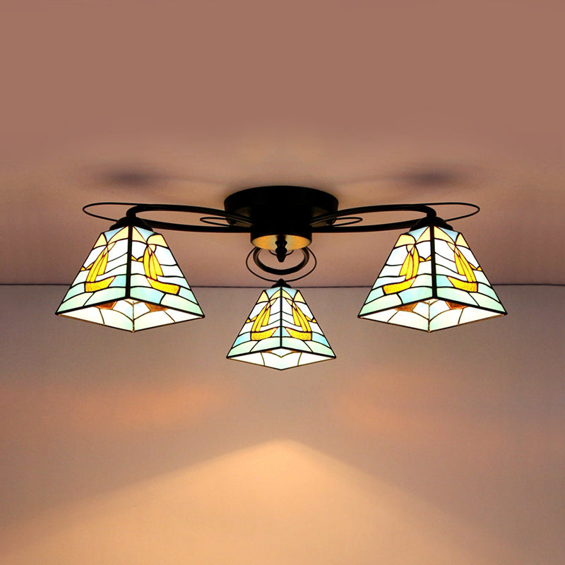 Plafonnier rétro géométrique avec vitrail - Blanc/bleu ciel/transparent/bleu foncé - Luminaire de chambre