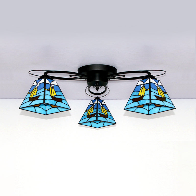 Plafonnier rétro géométrique avec vitrail - Blanc/bleu ciel/transparent/bleu foncé - Luminaire de chambre