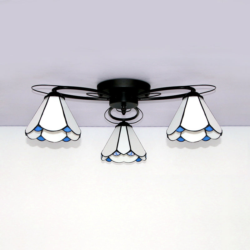 Plafonnier rétro géométrique avec vitrail - Blanc/bleu ciel/transparent/bleu foncé - Luminaire de chambre