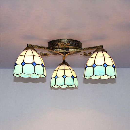 Country Style 3-Light Stained Glass Ceiling Light with Scalloped Edges in Blue and Clear