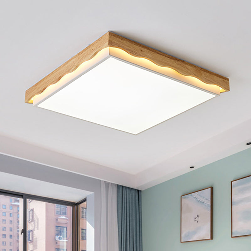Minimalist Wood Beige LED Ceiling Light for Bedroom - Rectangular/Square Shapes in White/Warm with Acrylic Shade - 18"/21.5"/27.5" Wide