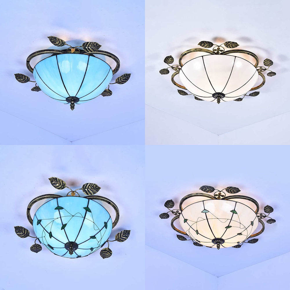 Retro Style Stained Glass Ceiling Light Fixture - Bowl-Shaped - 3 Bulbs - Flushmount - White/Blue/Clear/Green/More