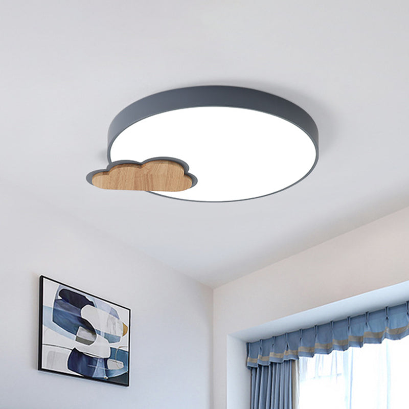 Circle Flush Macaron LED Ceiling Light with Grey/Green Finish and Cloud Wood Detail - White/Warm Light