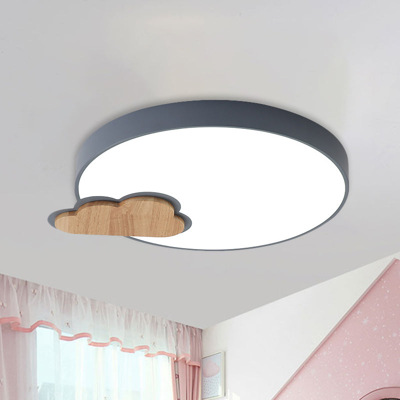 Circle Flush Macaron LED Ceiling Light with Grey/Green Finish and Cloud Wood Detail - White/Warm Light