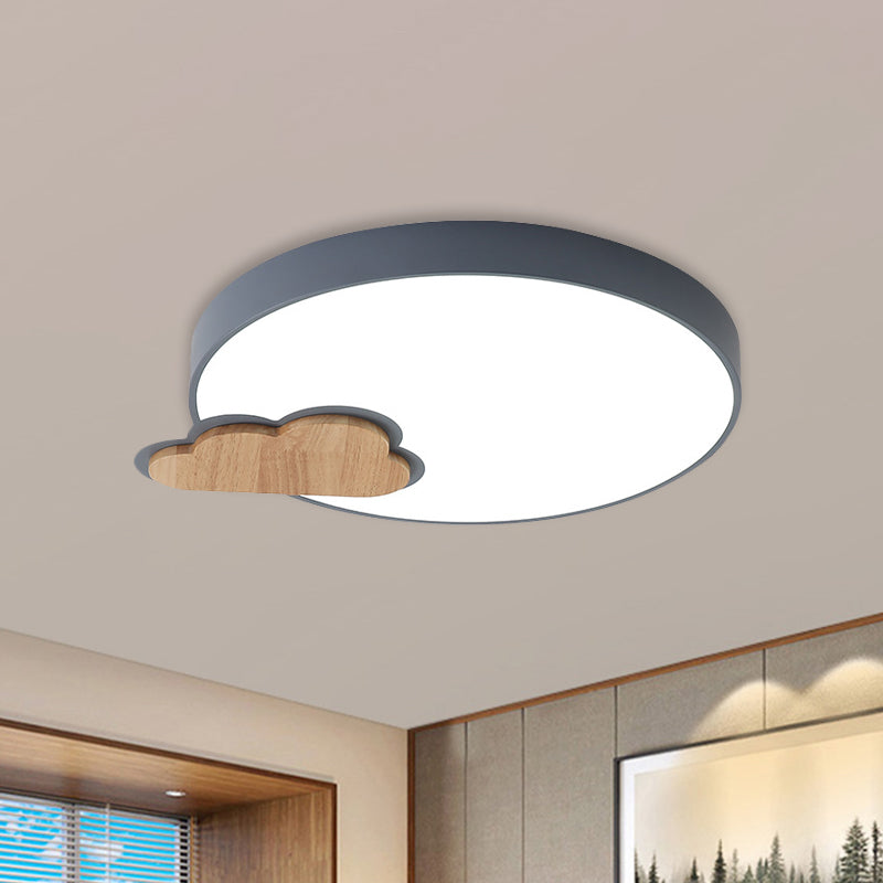 Circle Flush Macaron LED Ceiling Light with Grey/Green Finish and Cloud Wood Detail - White/Warm Light