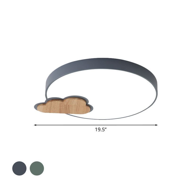 Circle Flush Macaron LED Ceiling Light with Grey/Green Finish and Cloud Wood Detail - White/Warm Light