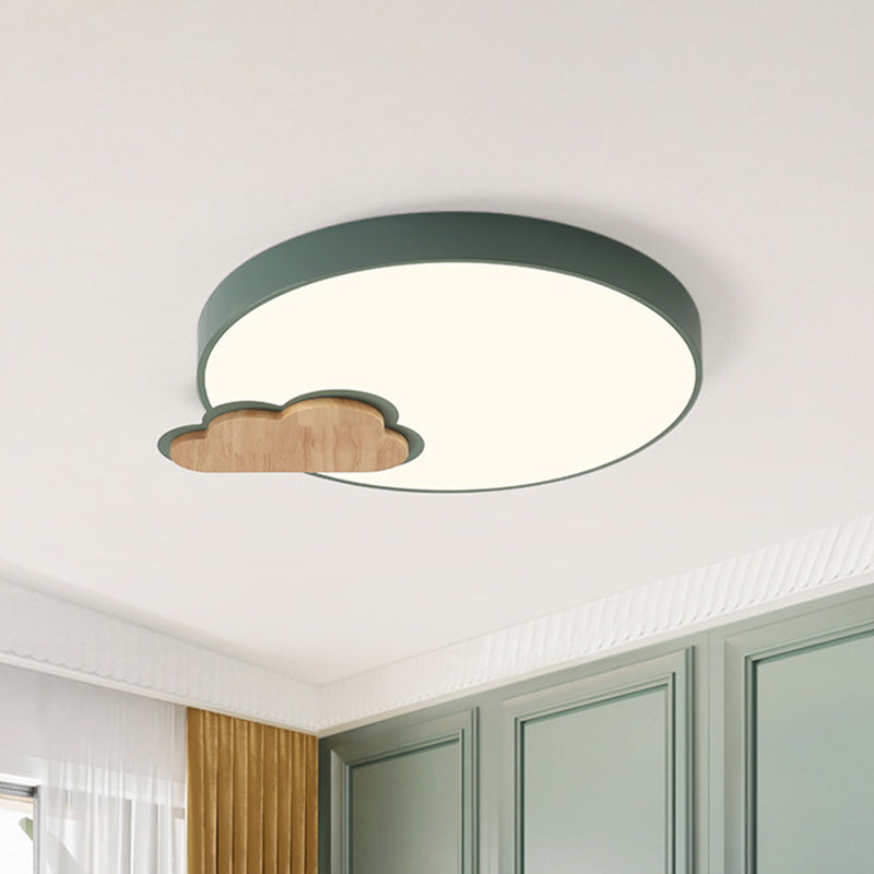 Circle Flush Macaron LED Ceiling Light with Grey/Green Finish and Cloud Wood Detail - White/Warm Light