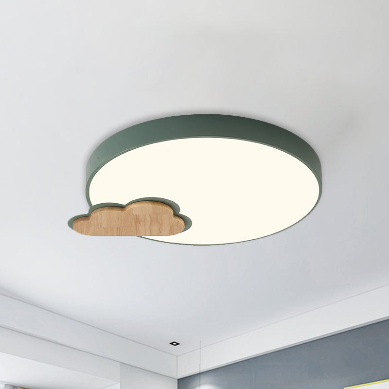 Circle Flush Macaron LED Ceiling Light with Grey/Green Finish and Cloud Wood Detail - White/Warm Light