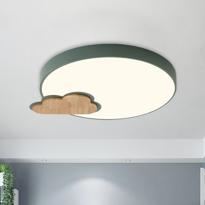 Circle Flush Macaron LED Ceiling Light with Grey/Green Finish and Cloud Wood Detail - White/Warm Light