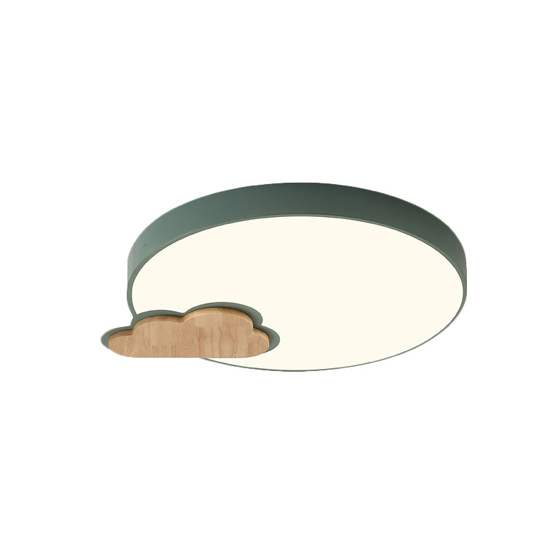 Circle Flush Macaron LED Ceiling Light with Grey/Green Finish and Cloud Wood Detail - White/Warm Light