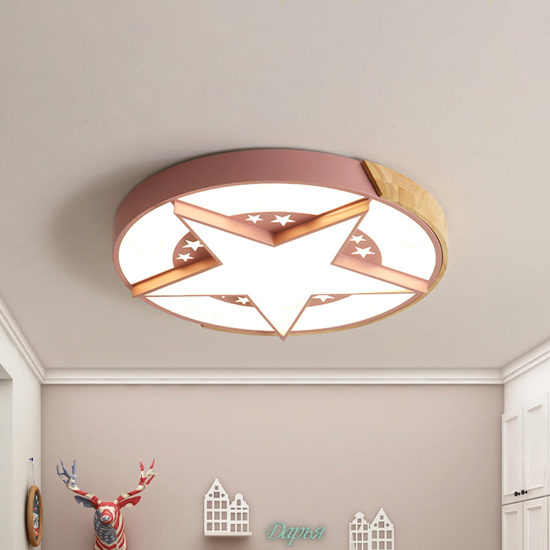 Round Metal LED Macaron Flush Mount Ceiling Light in White/Pink/Blue and Wood for Star-Themed Bedrooms