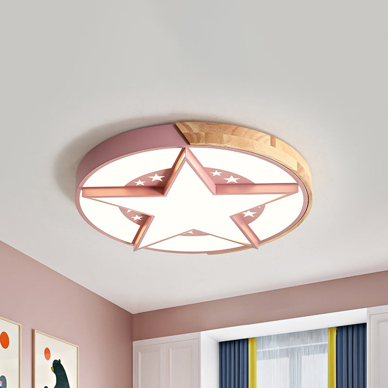 Round Metal LED Macaron Flush Mount Ceiling Light in White/Pink/Blue and Wood for Star-Themed Bedrooms