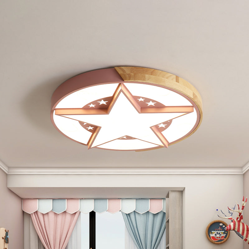 Round Metal LED Macaron Flush Mount Ceiling Light in White/Pink/Blue and Wood for Star-Themed Bedrooms
