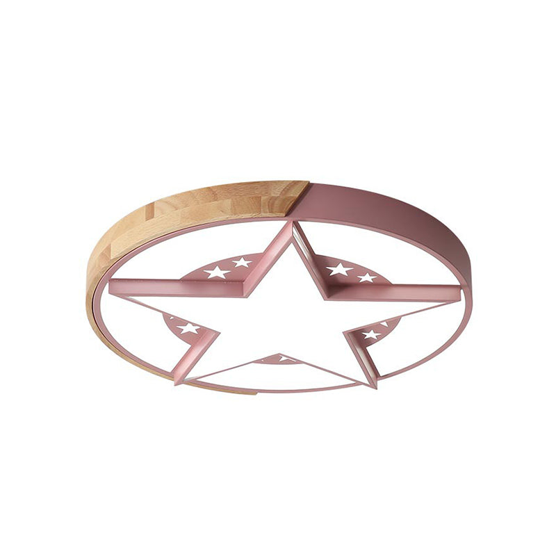 Round Metal LED Macaron Flush Mount Ceiling Light in White/Pink/Blue and Wood for Star-Themed Bedrooms