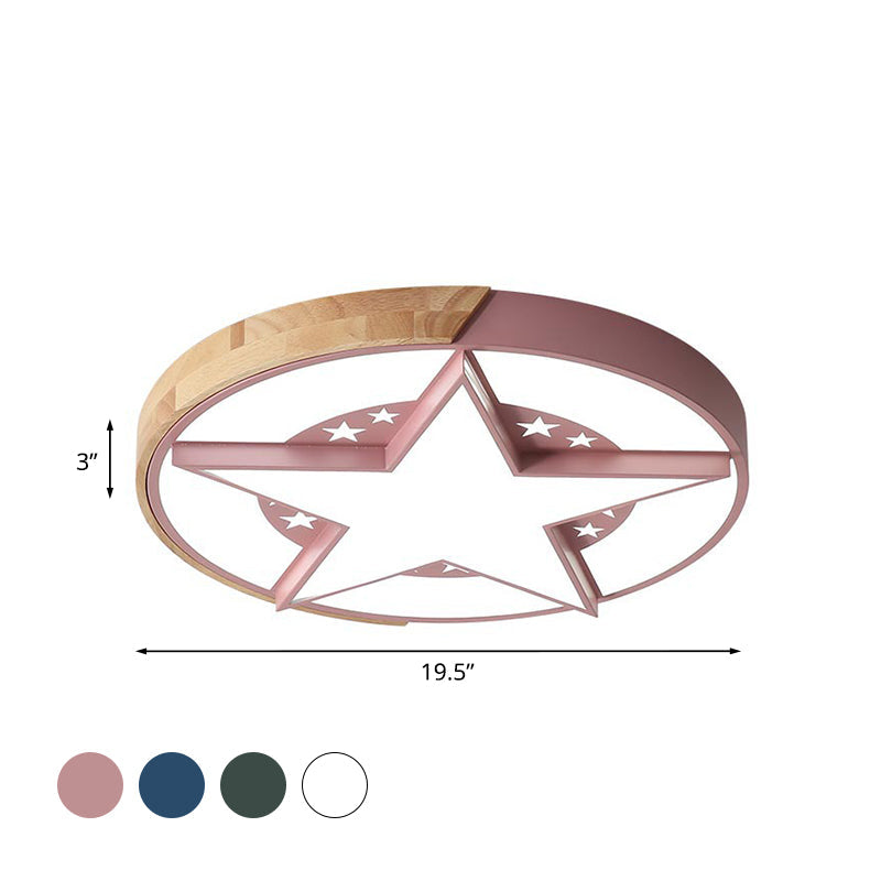 Round Metal LED Macaron Flush Mount Ceiling Light in White/Pink/Blue and Wood for Star-Themed Bedrooms