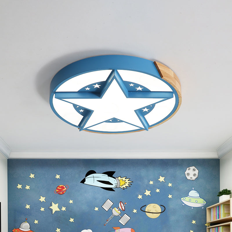 Round Metal LED Macaron Flush Mount Ceiling Light in White/Pink/Blue and Wood for Star-Themed Bedrooms