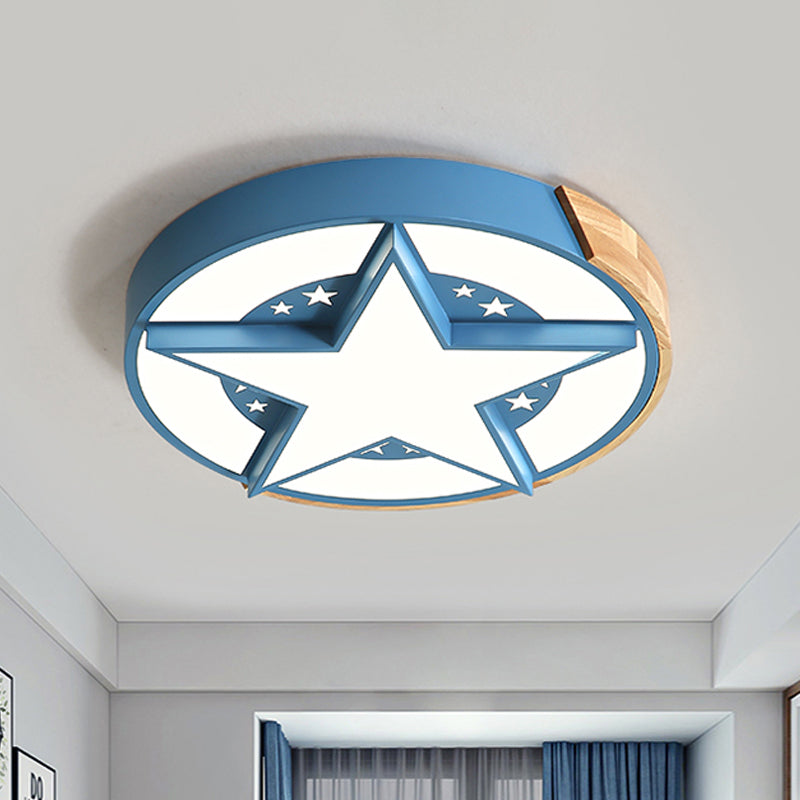 Round Metal LED Macaron Flush Mount Ceiling Light in White/Pink/Blue and Wood for Star-Themed Bedrooms