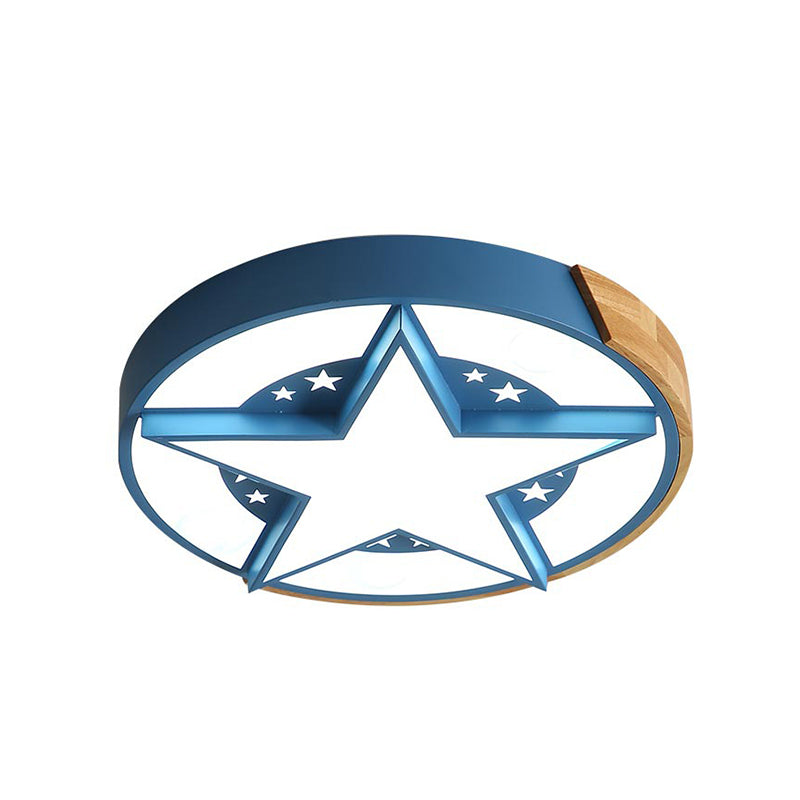 Round Metal LED Macaron Flush Mount Ceiling Light in White/Pink/Blue and Wood for Star-Themed Bedrooms