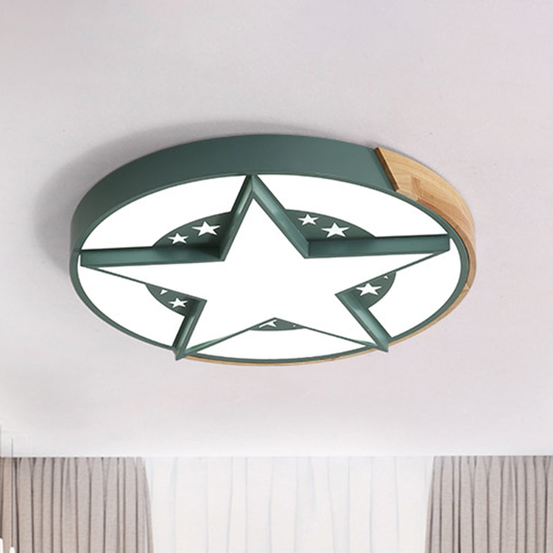 Round Metal LED Macaron Flush Mount Ceiling Light in White/Pink/Blue and Wood for Star-Themed Bedrooms
