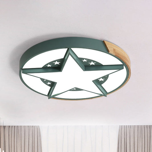 Round Metal LED Macaron Flush Mount Ceiling Light in White/Pink/Blue and Wood for Star-Themed Bedrooms